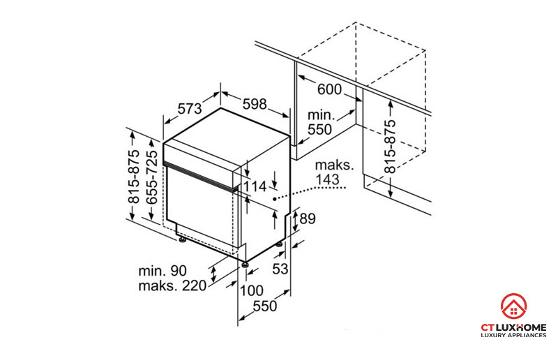 Kích thước máy rửa bát âm tủ chi tiết và tiêu chuẩn lắp đặt 2
