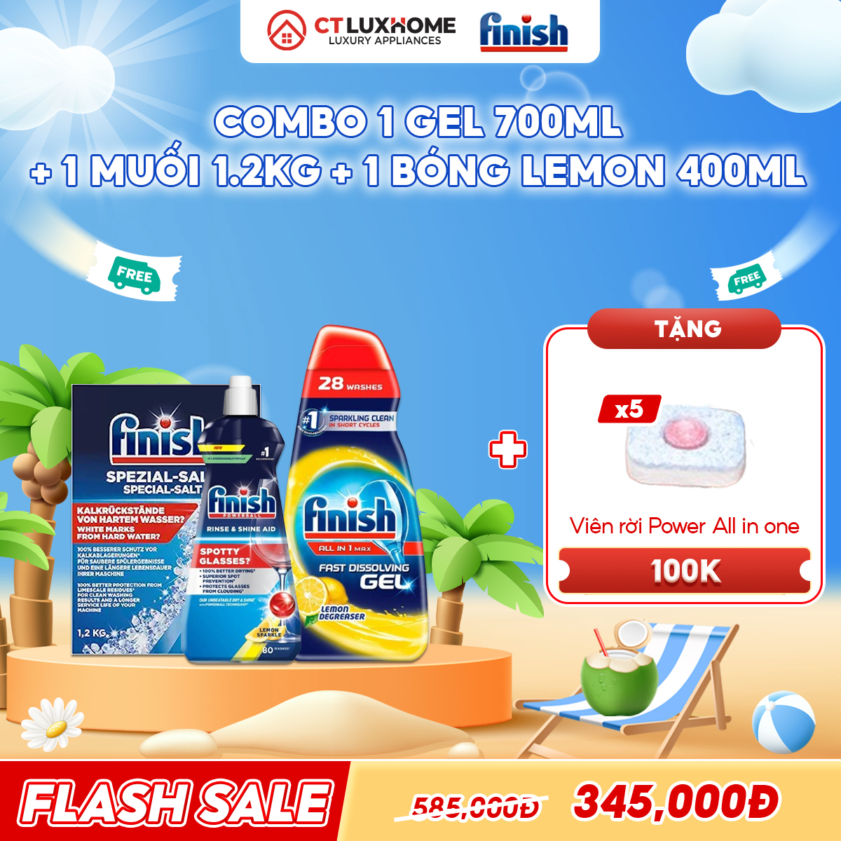 COMBO FINISH 1 Gel All in one max 700ml + 1 Nước bóng 400ml chanh + 1 Muối rửa bát 1.2kg