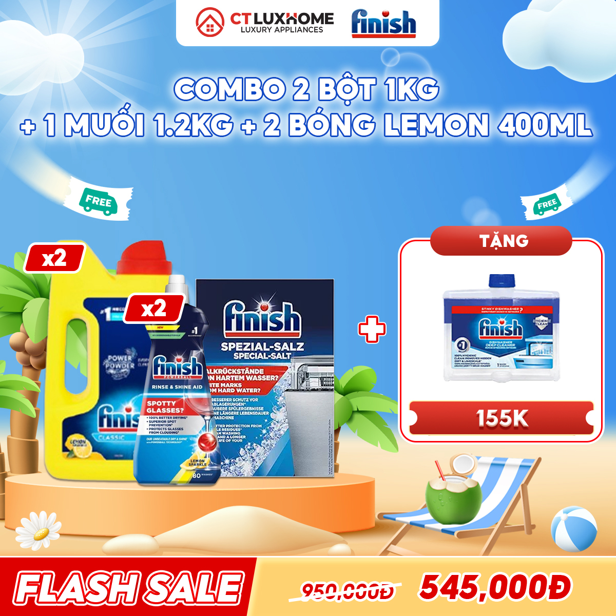 COMBO FINISH 2 Hộp bột rửa bát 1kg + 2 Nước bóng 400ml chanh + 1 Muối rửa bát 1.2kg