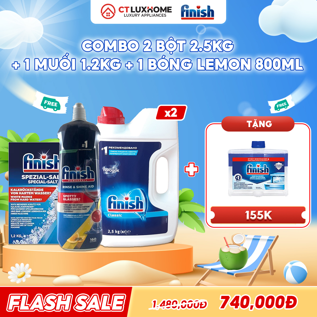 COMBO FINISH 2 Túi bột rửa bát 2.5kg + 1 Nước bóng 800ml + 1 Muối rửa bát 1.2kg