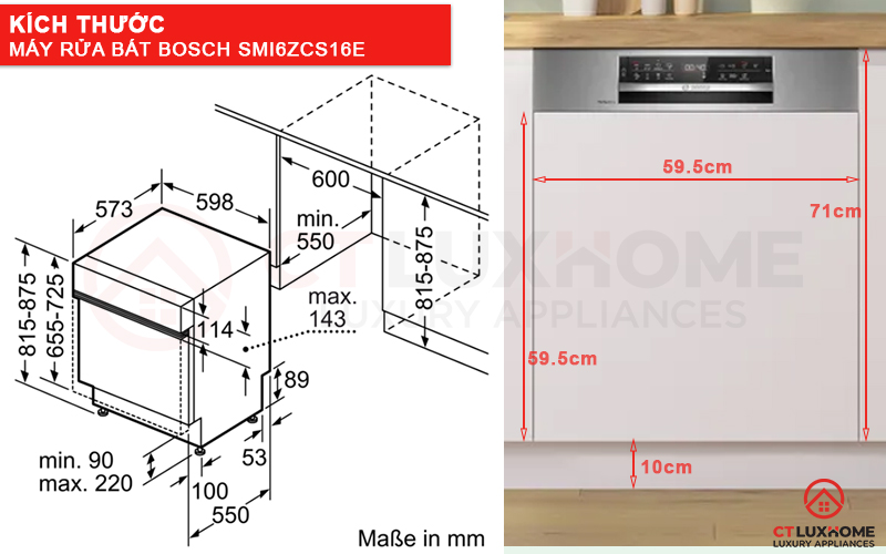 Kích thước máy rửa bát Bosch SMI6ZCS16E