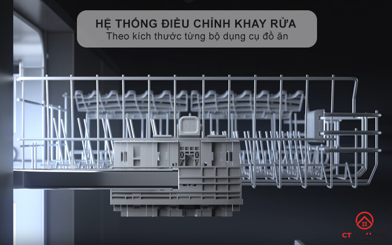 Hệ thống điều chỉnh khay rửa theo kích thước từng bộ dụng cụ đồ ăn