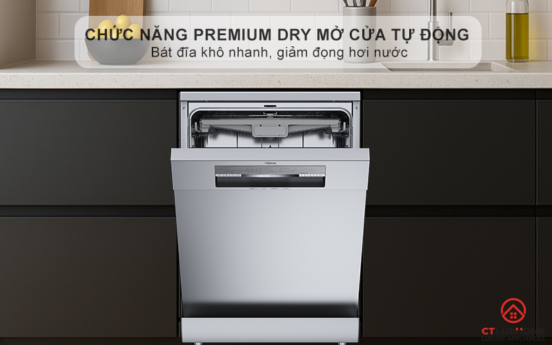 Chức năng PremiumDry mở cửa tự động khi hoàn thành chu trình - Bát đĩa khô nhanh, giảm đọng hơi nước