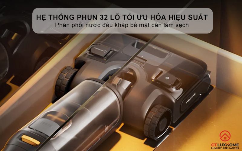 Hệ thống phun 32 lỗ tối ưu hóa hiệu suất làm sạch và tiện dụng