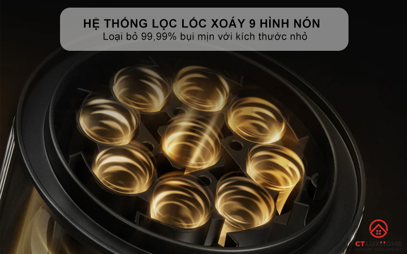 Hệ thống lọc lốc xoáy 9 hình nón - Loại bỏ 99,99% bụi mịn với kích thước nhỏ