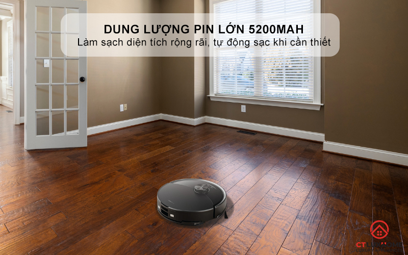 Dung lượng pin lớn 5200 mAh - Làm sạch diện tích rộng rãi, tự động sạc khi cần thiết