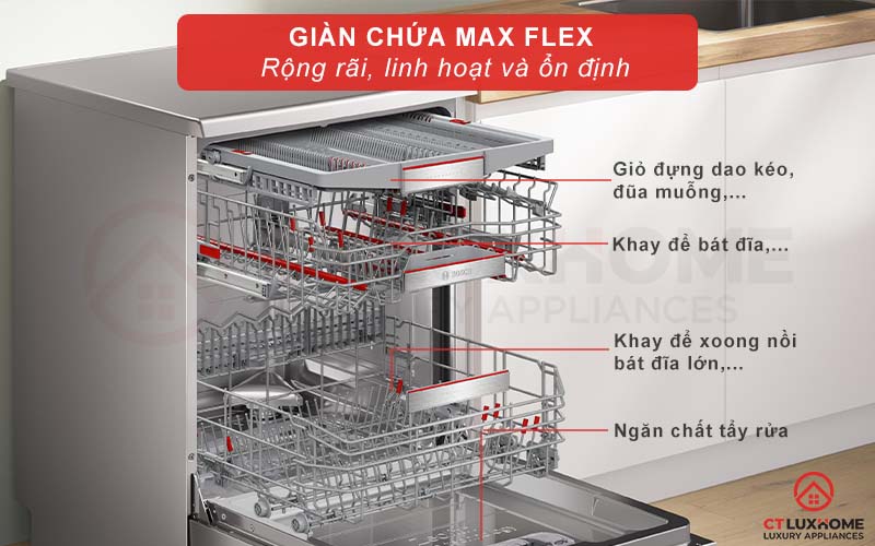 Giàn rửa MaxFlex linh hoạt cùng khớp nối Rackmatic khay điều chỉnh 3 nấc sắp xếp gọn gàng 