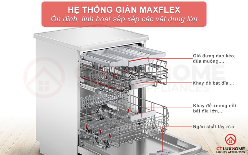 Giàn rửa MaxFlex linh hoạt cùng khớp nối Rackmatic khay điều chỉnh 3 nấc sắp xếp gọn gàng 