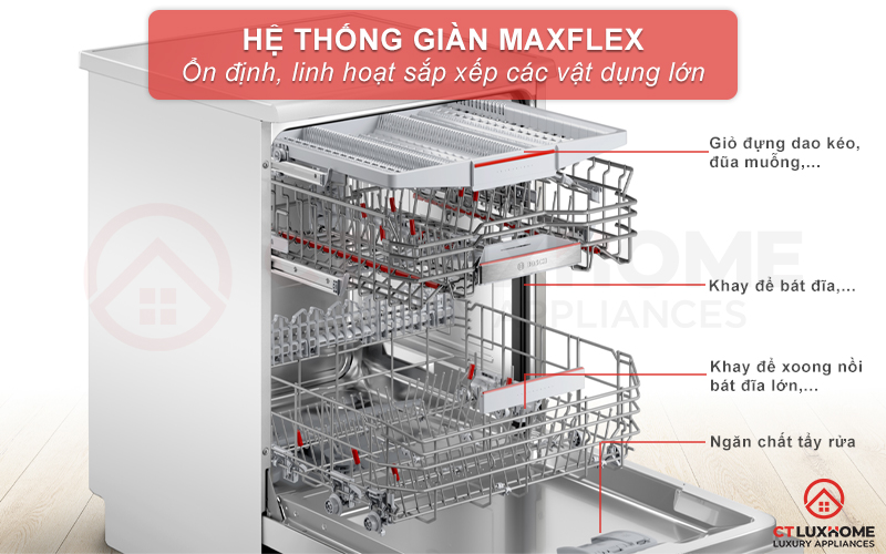 Giàn rửa MaxFlex linh hoạt cùng khớp nối Rackmatic khay điều chỉnh 3 nấc sắp xếp gọn gàng