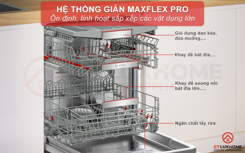 Giàn rửa MaxFlex Pro linh hoạt cùng khớp nối Rackmatic khay điều chỉnh 3 nấc sắp xếp gọn gàng 