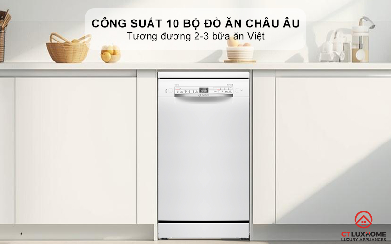 Công suất rửa 10 bộ bát đĩa, tương đương 2-3 bữa ăn Việt