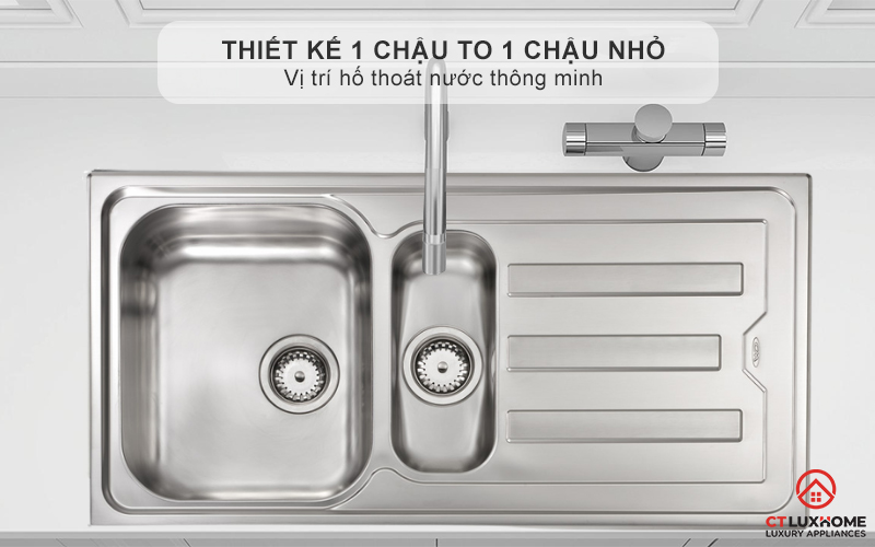 Thiết kế 1 chậu to 1 chậu nhỏ, vị trí hố thoát nước thông minh giúp dễ dàng thoát nước