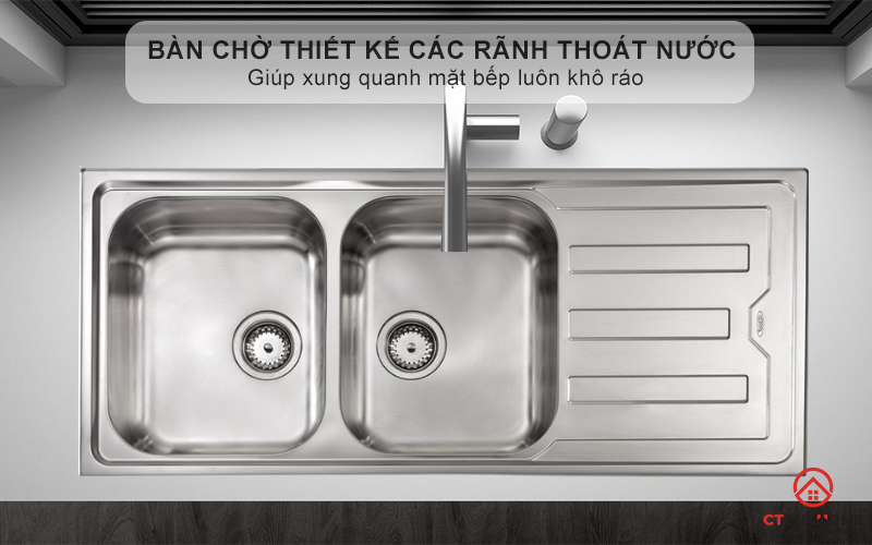 Bàn chờ thiết kế các rãnh thoát nước giúp xung quanh mặt bếp luôn khô ráo