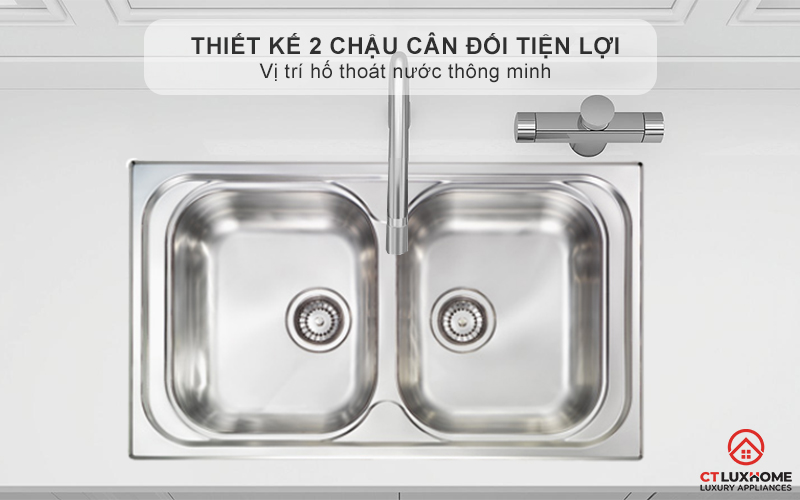 Thiết kế 2 chậu cân đối tiện lợi, vị trí hố thoát nước thông minh giúp dễ dàng thoát nước