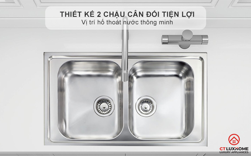 Thiết kế 2 chậu cân đối tiện lợi, vị trí hố thoát nước thông minh giúp dễ dàng thoát nước