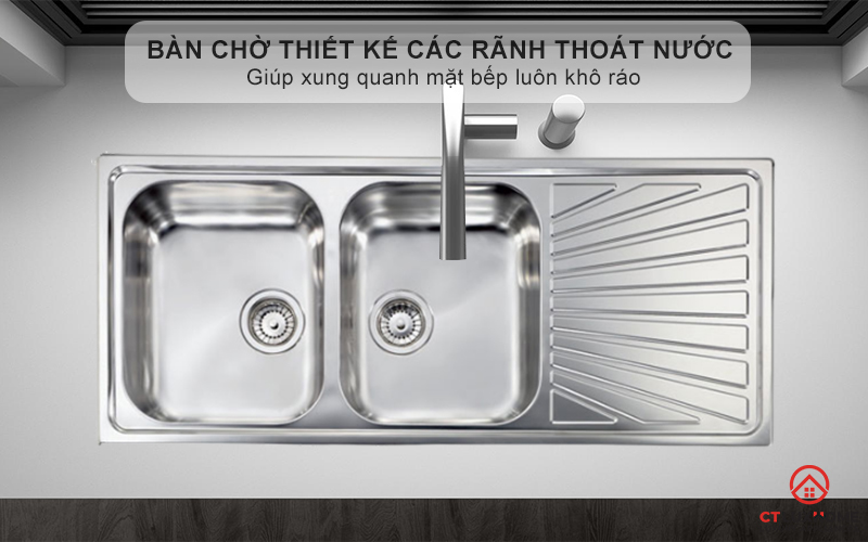 Bàn chờ thiết kế các rãnh thoát nước giúp xung quanh mặt bếp luôn khô ráo