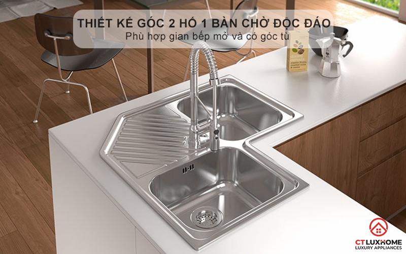 Thiết kế góc 2 hố 1 bàn chờ độc đáo -  Phù hợp gian bếp mở và có góc tù