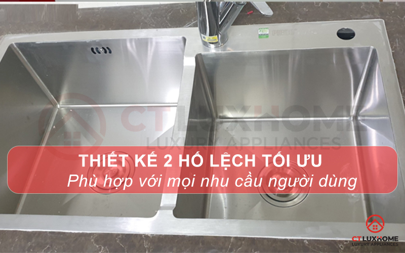 Thiết kế chậu 2 hố lệch rộng rãi, phù hợp với từng nhu cầu người dùng