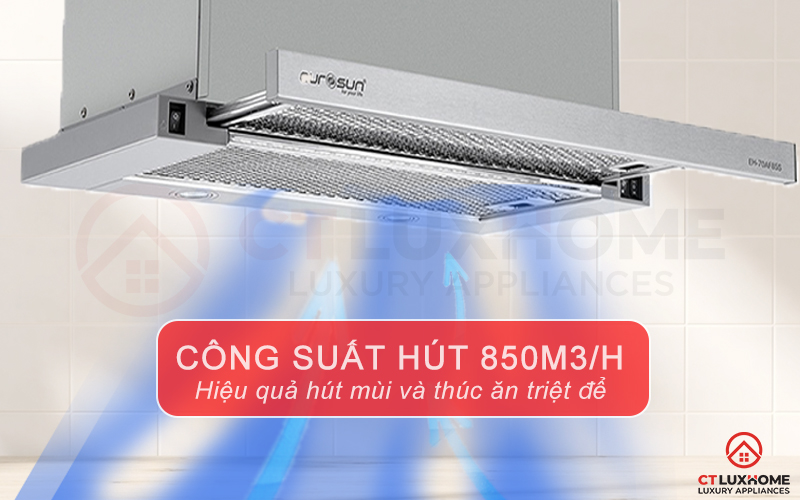 Công suất hút tối đa đến 850m3/h hút sạch mùi thức ăn, tạo không khí sạch sẽ