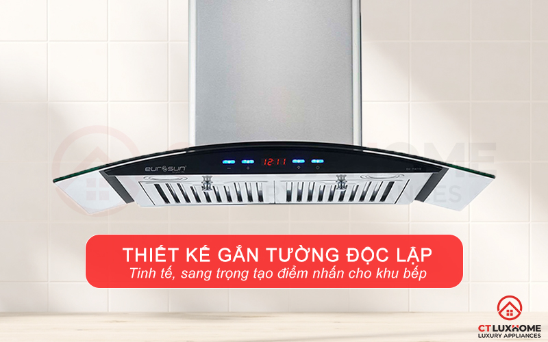 Thiết kế máy hút mùi gắn tường kính cong sang trọng, tạo điểm nhấn cho căn bếp