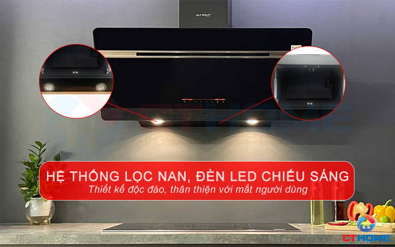 Lưới lọc nan Inox cao cấp cúng hệ thống đèn LED chiếu sáng, dễ dàng quan sát căn bếp khi sử dụng