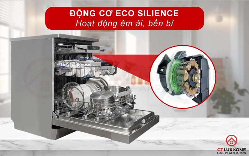 Độ ồn của máy rửa bát Eurosun SMS81EU19ES ở mức 42dB nhờ động cơ EcoSilence Drive.