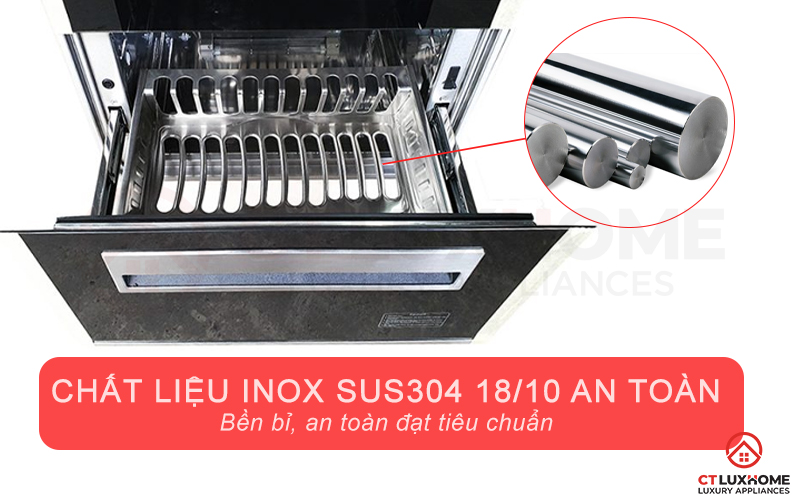 Khoang chứa sử dụng chất liệu inox SUS304-18/10 đảm bảo vệ sinh an toàn sức khỏe.