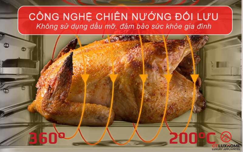 Sử dụng công nghệ chiên, nướng kết hợp bằng khí đối lưu không sử dụng dầu mỡ, đảm bảo sức khỏe gia đinh