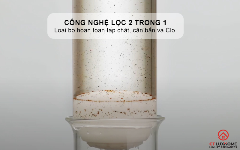 Công nghệ lọc 2 trong 1, loại bỏ hoàn toàn tạp chất, cặn bẩn và Clo dư trong nước - Bảo vệ làn da nhạy cảm, ngăn rụng tóc