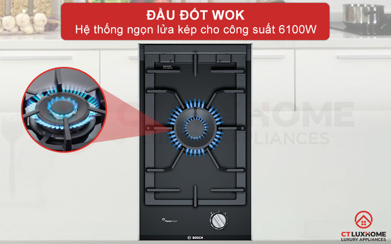 Đầu đốt Wok có công suất 6100W giúp nấu ăn nhanh chóng.