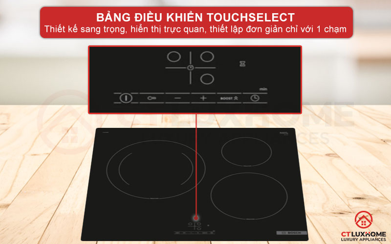 Bảng điều khiển TouchSelect thiết kế sang trọng giúp lựa chọn vùng nấu nhanh chóng.