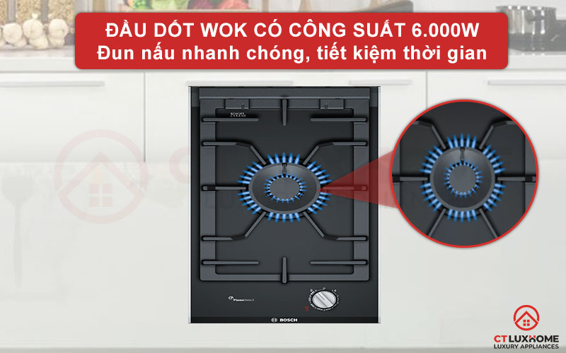 Đầu đốt Wok có công suất 6.000W giúp nấu ăn nhanh chóng.