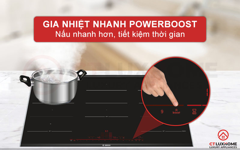 Gia nhiệt nhanh hơn với tính năng PowerBoost trên bếp từ Bosch PXX975DC1E.