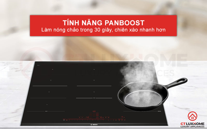 Làm nóng chảo nhanh hơn với PanBoost trên bếp từ Bosch PXX975DC1E.