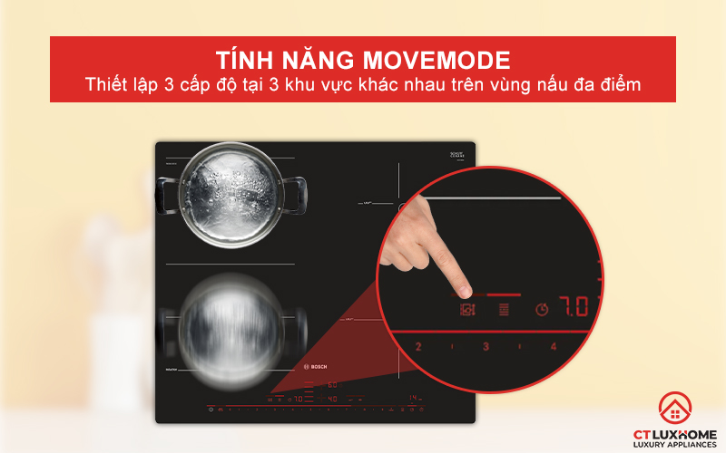 Thiết lập 3 mức cấp độ khác nhau trên vùng nấu đa điểm với tính năng MoveMode.