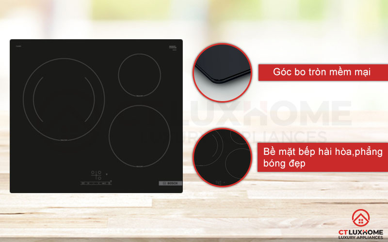 Bếp từ Bosch PUJ61RBB5E có thiết kế góc bo tròn sang trọng, bề mặt bếp hài hòa.