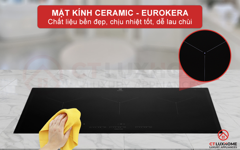 Mặt kính Ceramic - Eurokera của bếp từ ba vùng nấu EIT913
