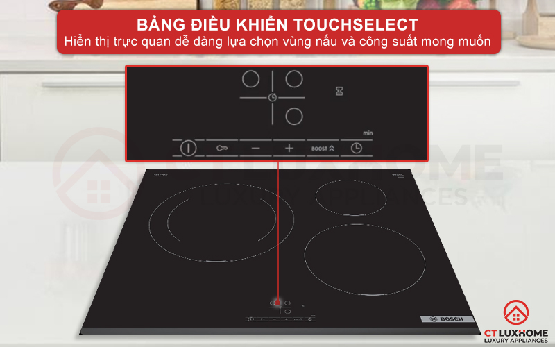 Bảng điều khiển TouchSelect hiện thị trực quan giúp bạn dễ dàng lựa chọn vùng nấu và công suất mong muốn
