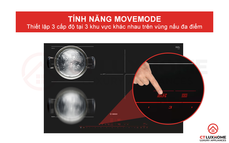 Thiết lập 3 mức cấp độ nhiệt khác nhau trên vùng nấu đa điểm với Move Mode