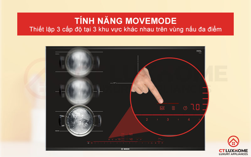 Thiết lập Move Mode với 3 công suất tại 3 khu vực trên vùng nấu đa điểm