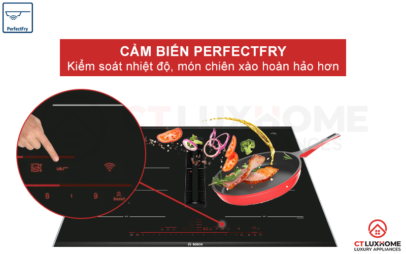 Bếp từ Bosch PXX875D67E được tích hợp thêm tính năng cảm biến PerfectFry cho món ăn trở nên hoàn hảo hơn