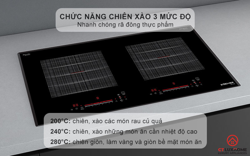 Chức năng chiên xào 3 mức độ độ nhiệt: 200°C/ 240°C/ 280°