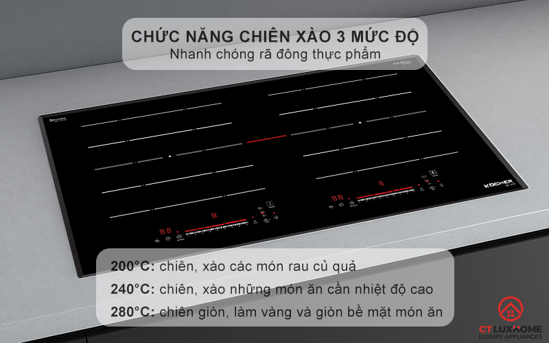 Chức năng chiên xào 3 mức độ nhiệt: 200°C/ 240°C/ 280°