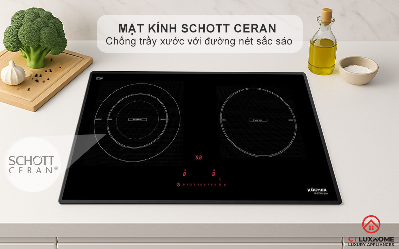 Mặt kính Schott Ceran chống trầy xước với đường nét hoa văn in sắc sảo