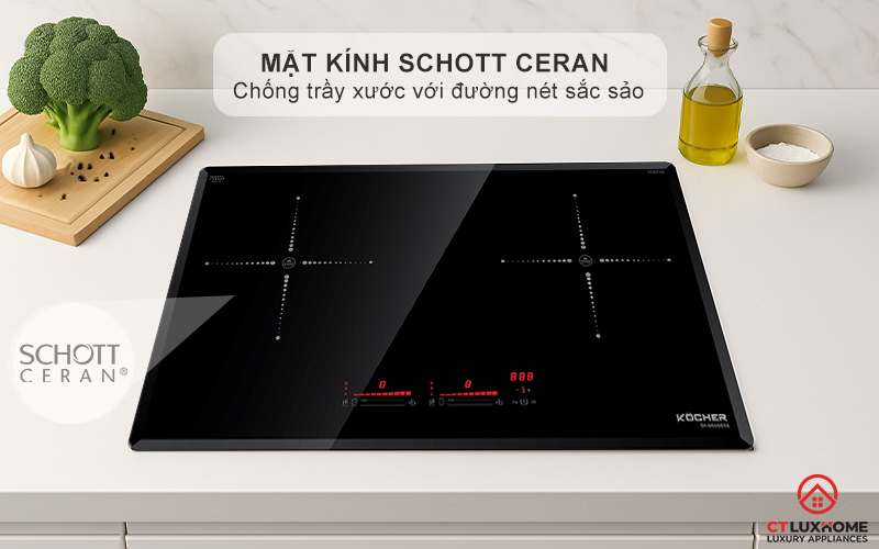 Mặt kính Schott Ceran chống trầy xước với đường nét hoa văn in sắc sảo
