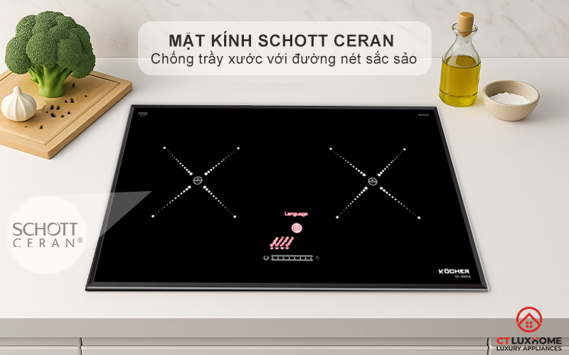 Mặt kính Schott Ceran chống trầy xước với đường nét hoa văn in sắc sảo