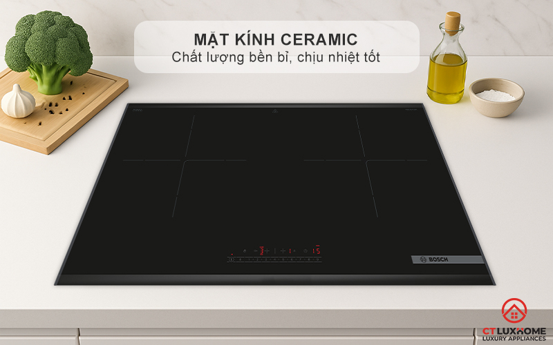 Mặt kính Ceramic đen tuyền của bếp từ Bosch PPI82569VN