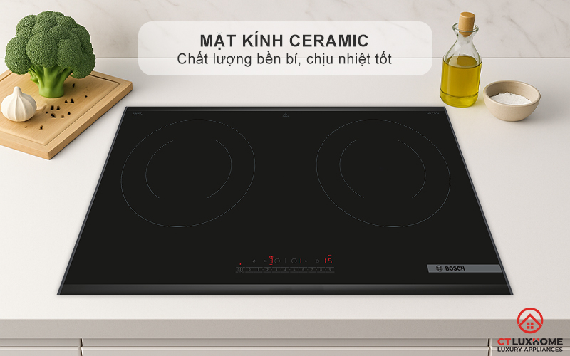 mặt kính Ceramic màu đen của bếp từ Bosch PPI8256XVN