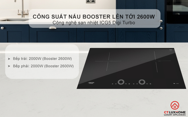 Tổng công suất lên tới 3400W với công nghệ san nhiệt ICG5 Digi Turbo