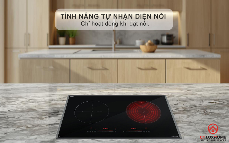 Tự động nhận diện nồi (Automatically find pot) và chỉ làm nóng khi có nồi, an toàn và tiết kiệm